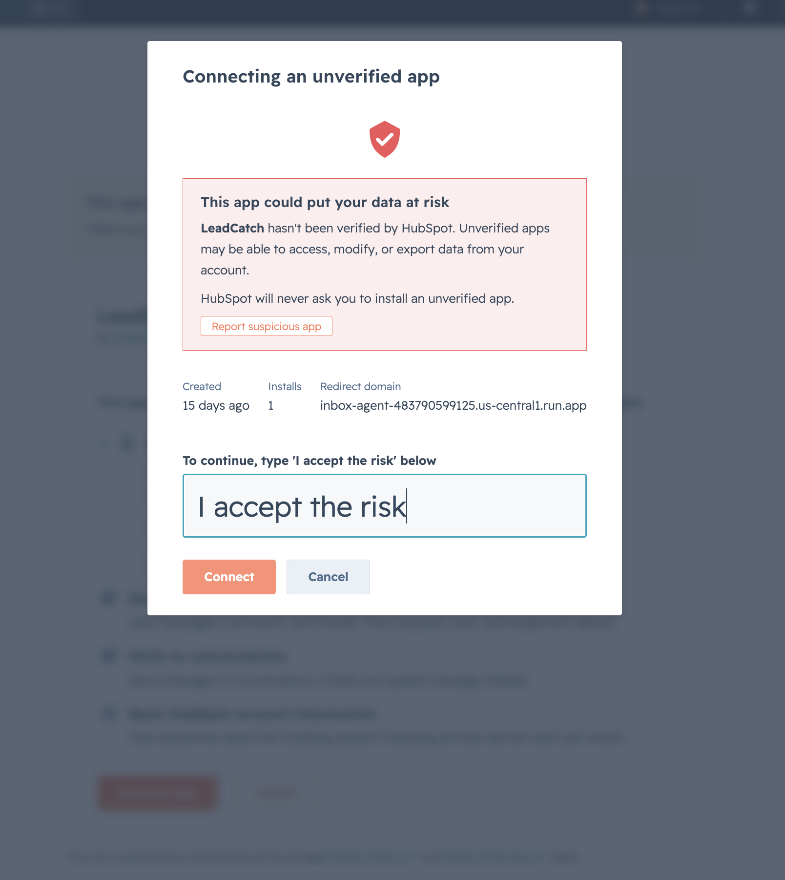 HubSpot's Connecting an unverified app dialog, with a text box where you type 'I accept the risk' to continue